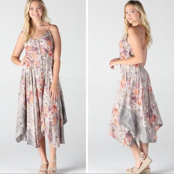Penna&Pine Dresses & Skirts - Gray Floral Scarf Hem Maxi Dress